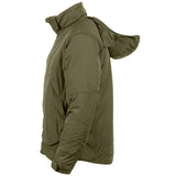 side view of olive spearhead jacket adjustable hood
