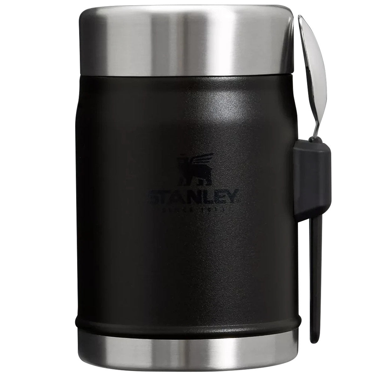 side view of stanley legendary black 400ml food jar spork