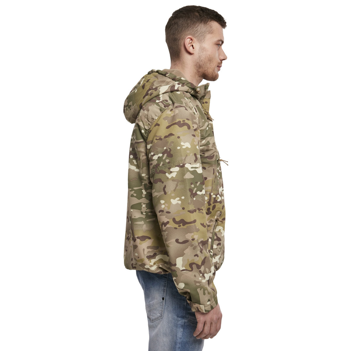 side view of tactical camo brandit windbreaker jacket