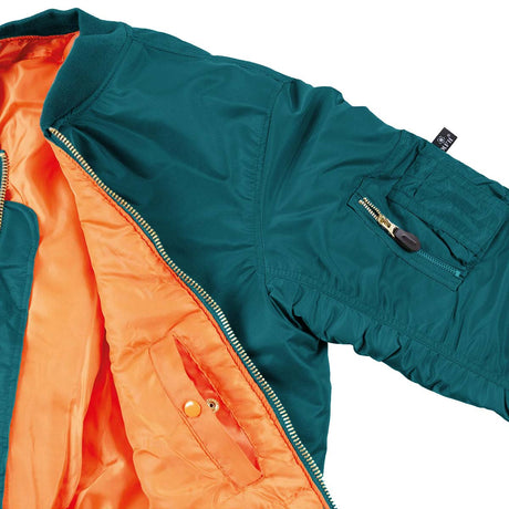 sleeve pocket and orange lining of blue mfh us ma1 flight jacket