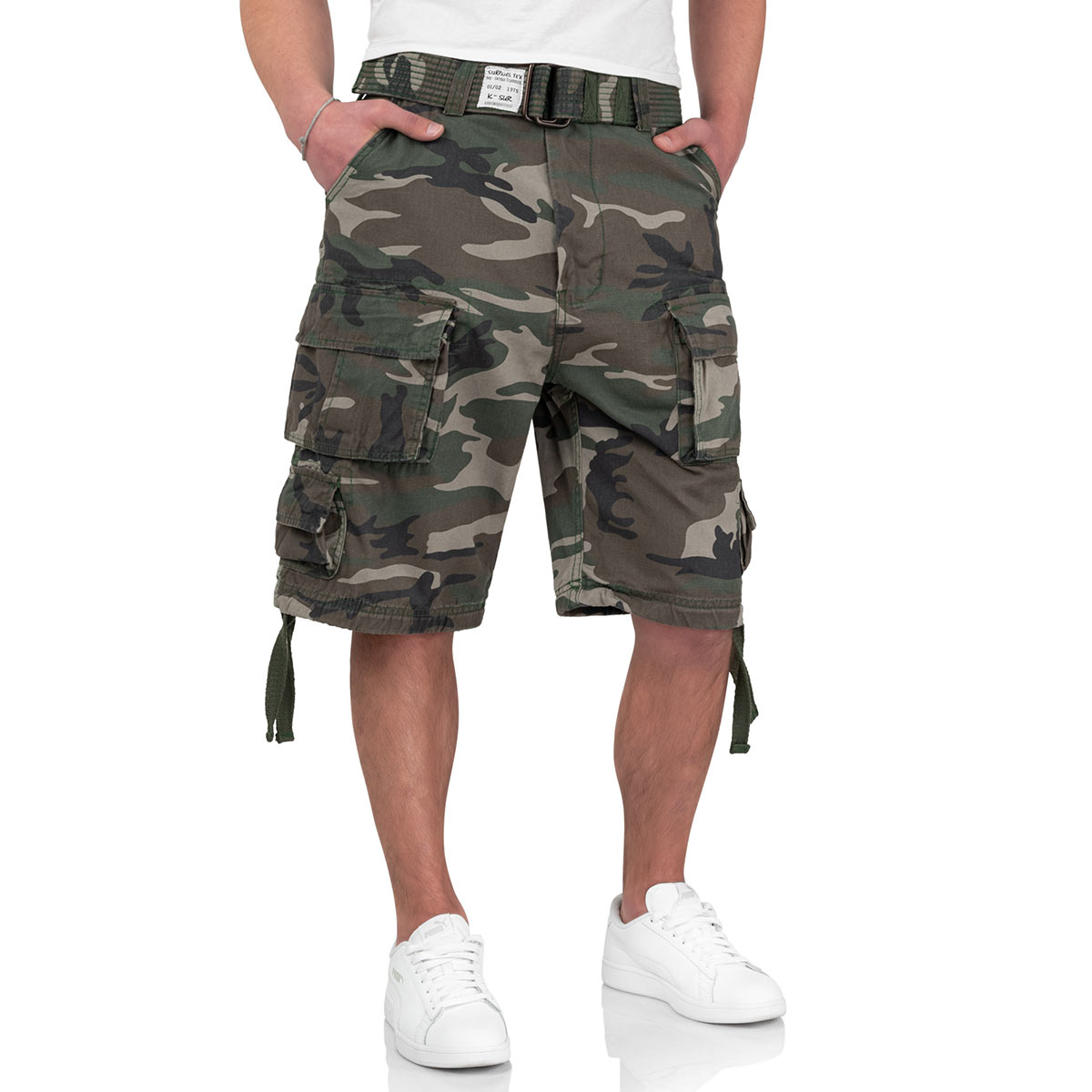 surplus raw vintage division shorts woodland camo