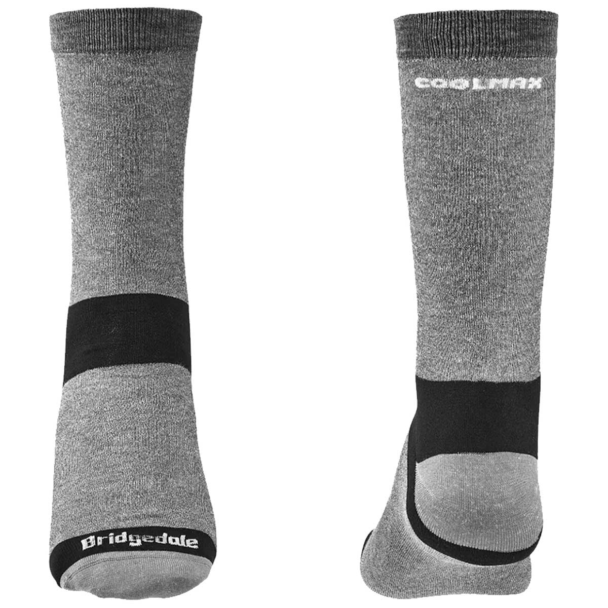toe and heal on bridgedale mens base layer coolmax liner sock twin pack grey