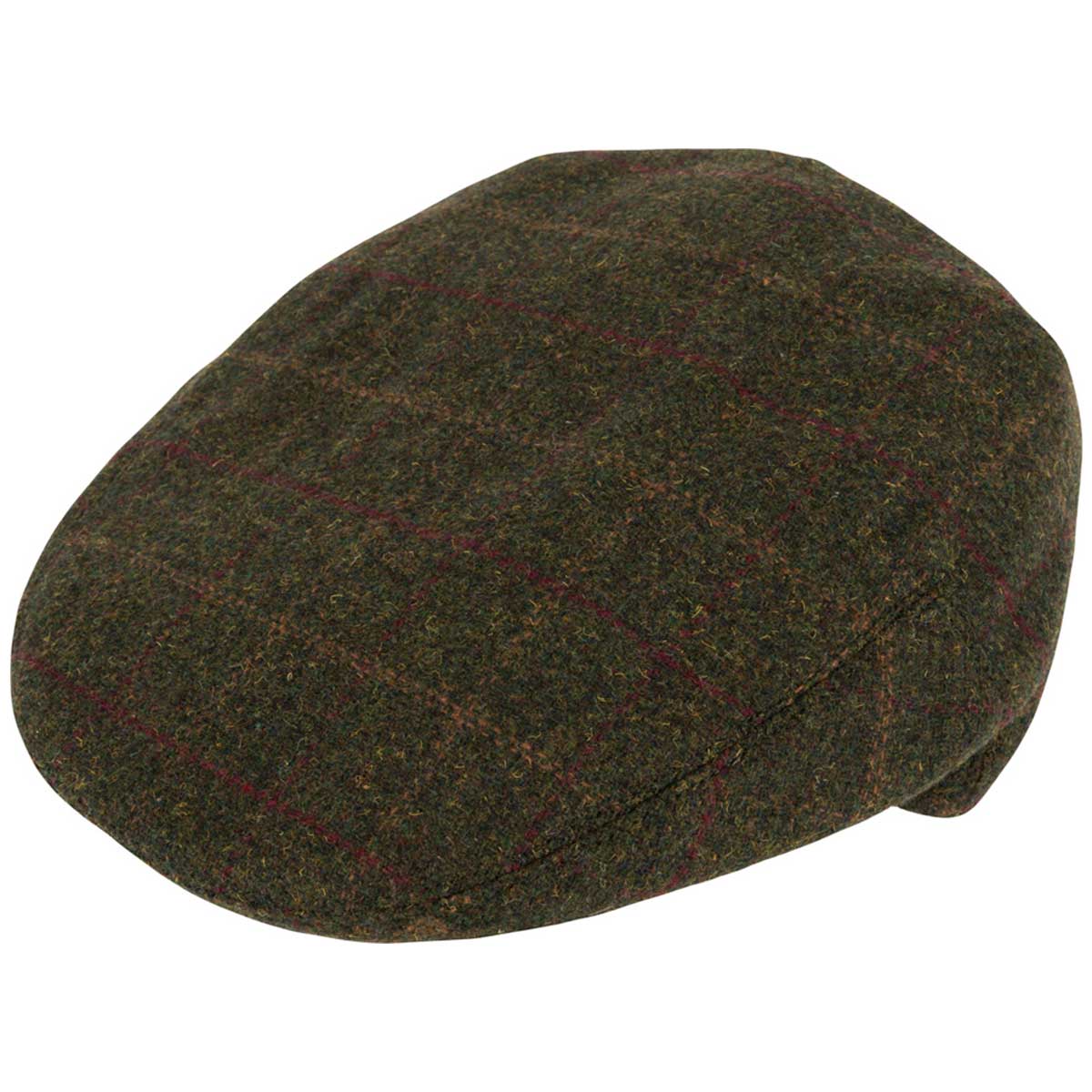 top angle of dark olive jack pyke wool blend flat cap