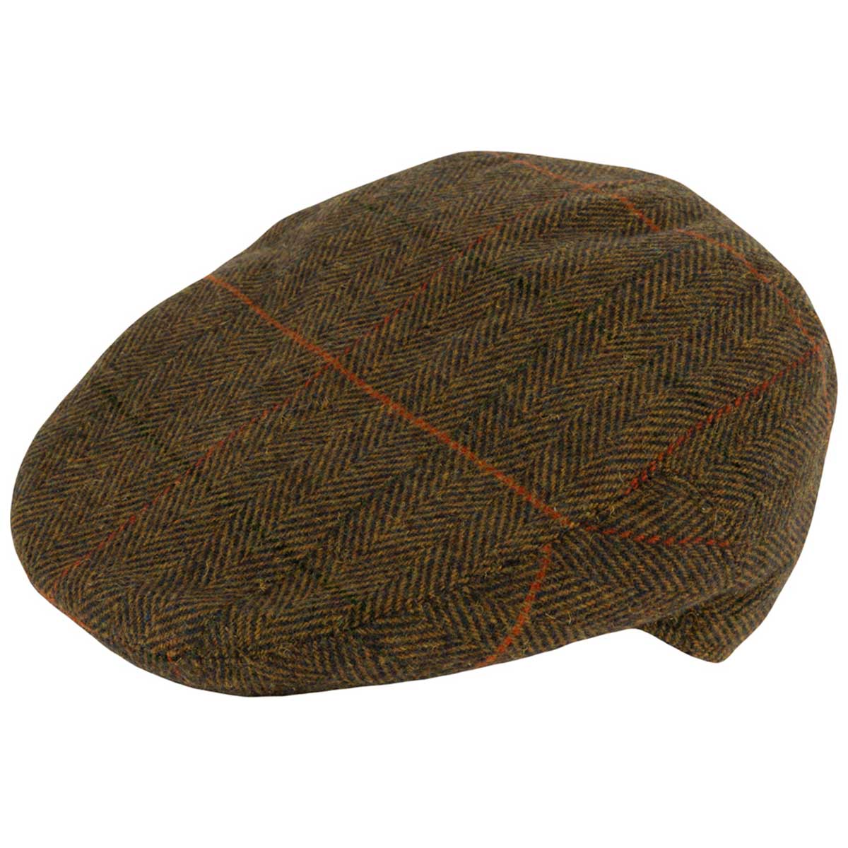 top angle of tweed brown jack pyke wool blend flat cap