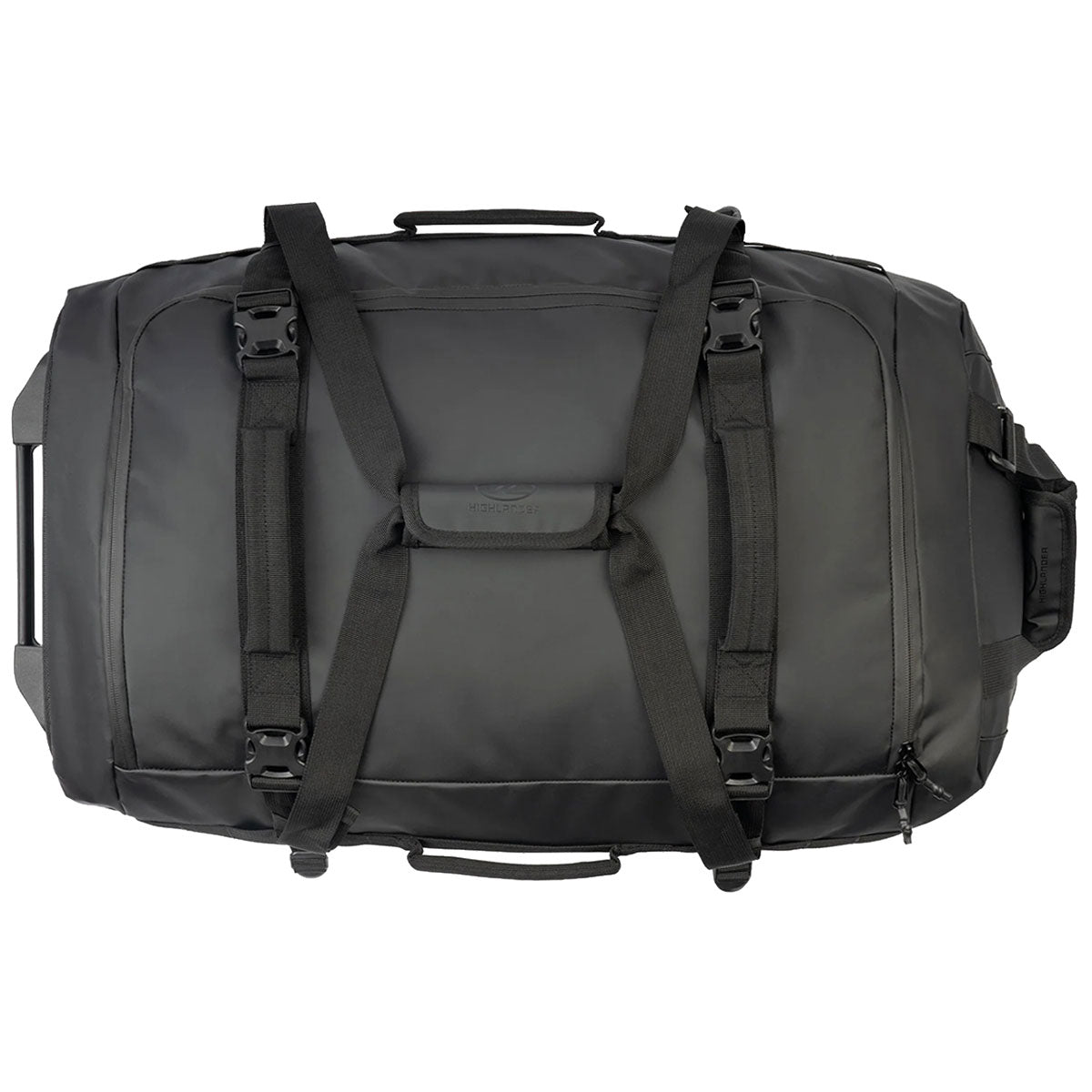 top view of highlander black trailer duffel bag