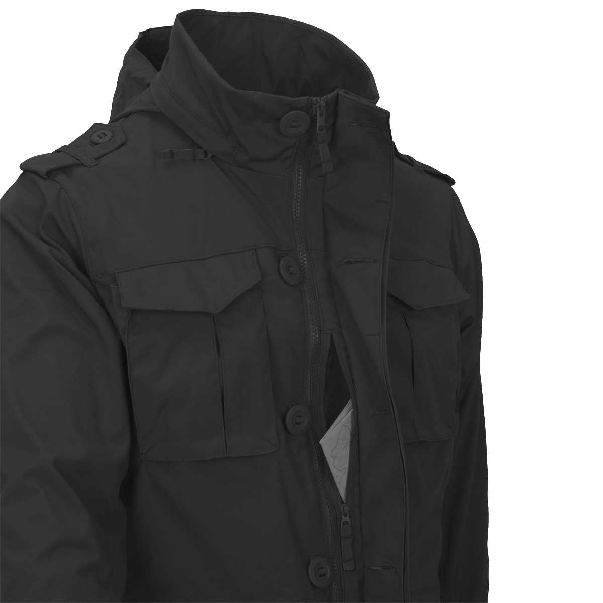 vertical napolean style zipped pocket of ash grey helikon m65 jacket