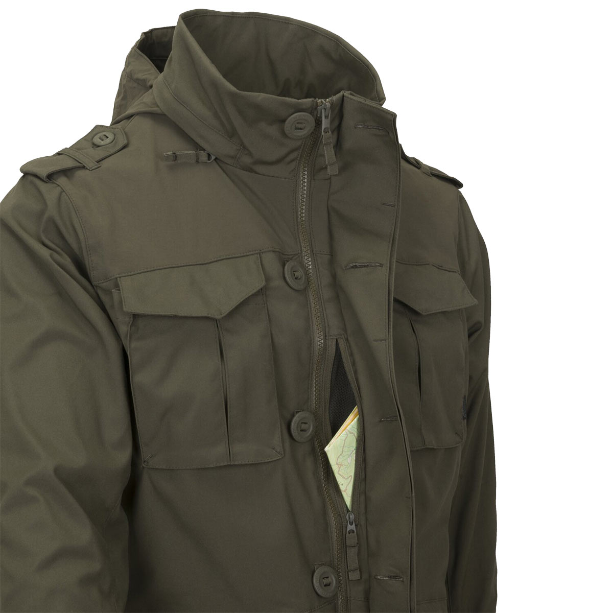 vertical napolean style zipped pocket of taiga green helikon m65 jacket