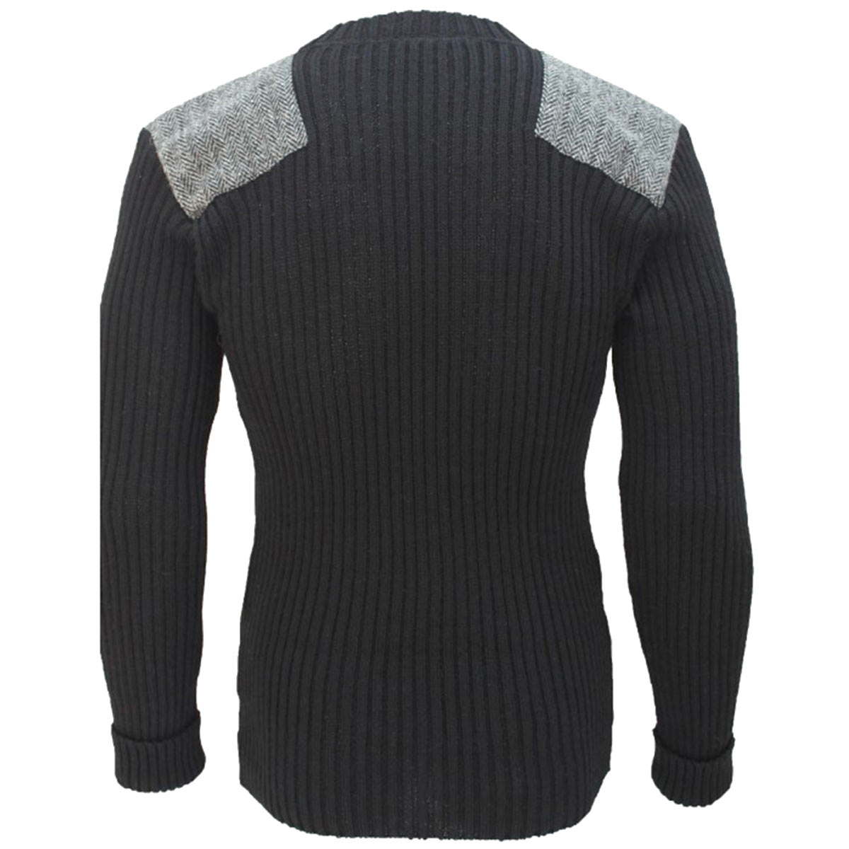 view of rear forrester crew neck woolly pully sweater with harris tweed patches black