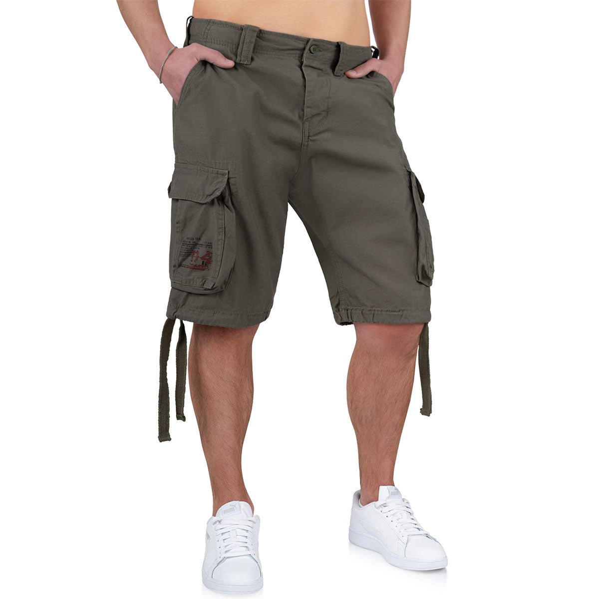 waist detail on olive surplus rv airborne vintage shorts