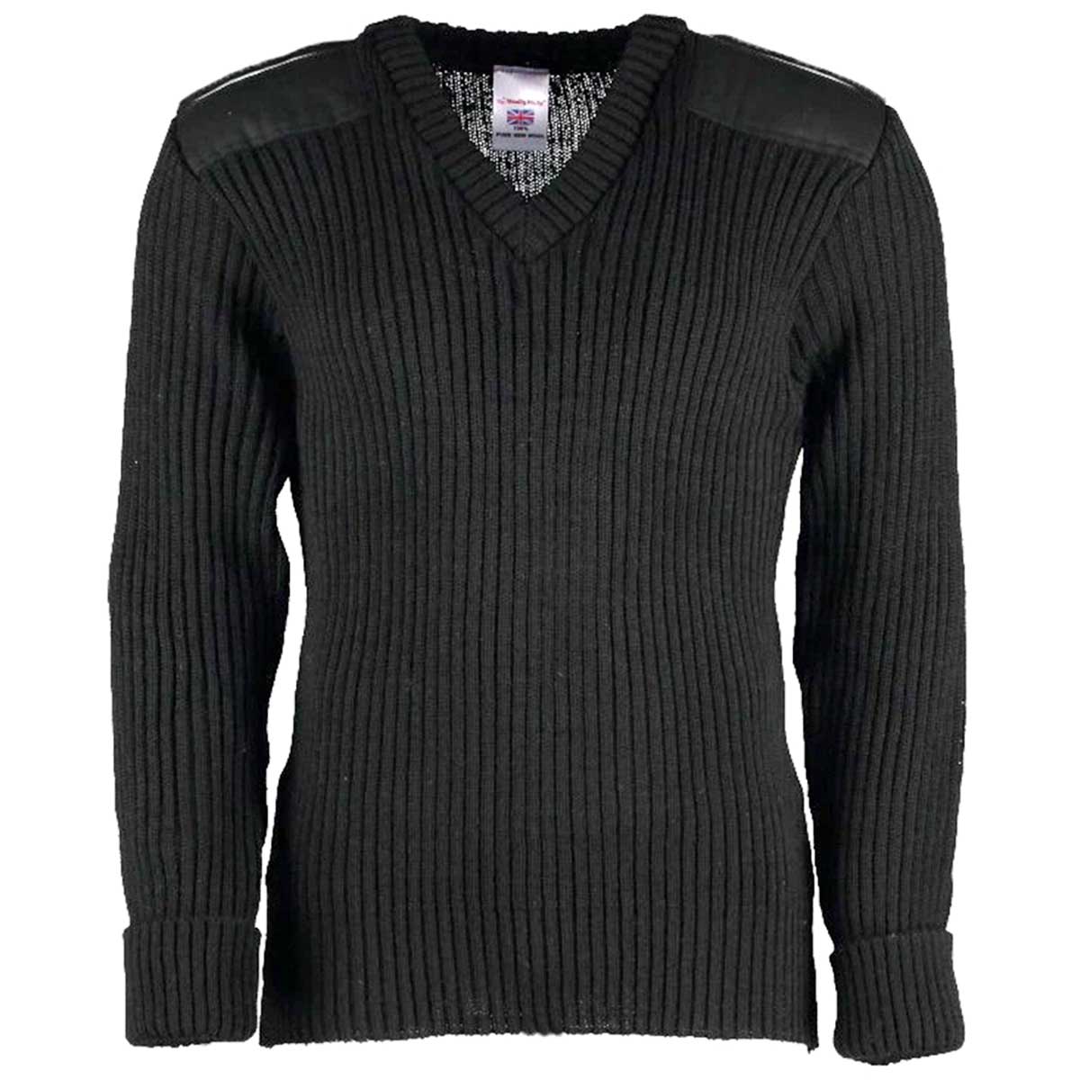 woolly pully v-neck army jumper with patches epaulettes black