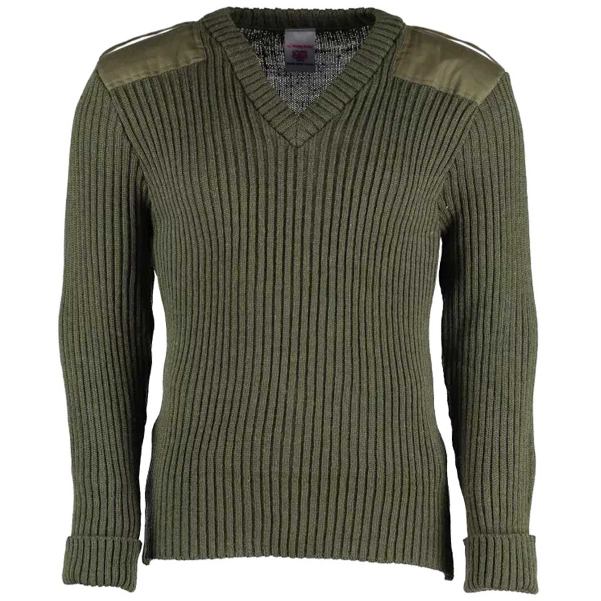 woolly pully v-neck army jumper with patches epaulettes olive green