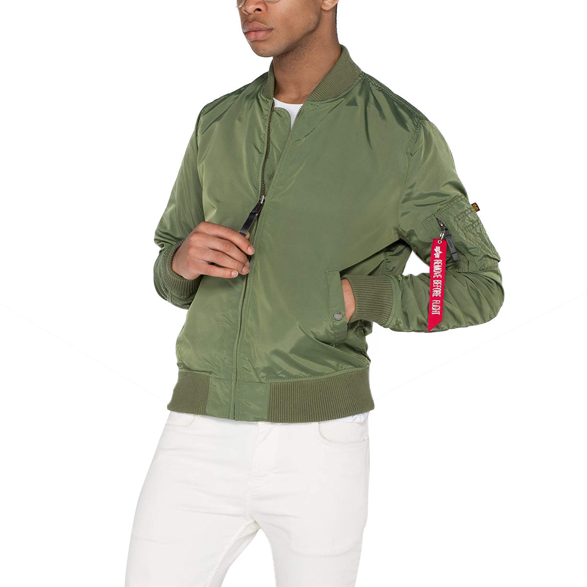alpha ma1 tt bomber jacket sage green front view zipped up