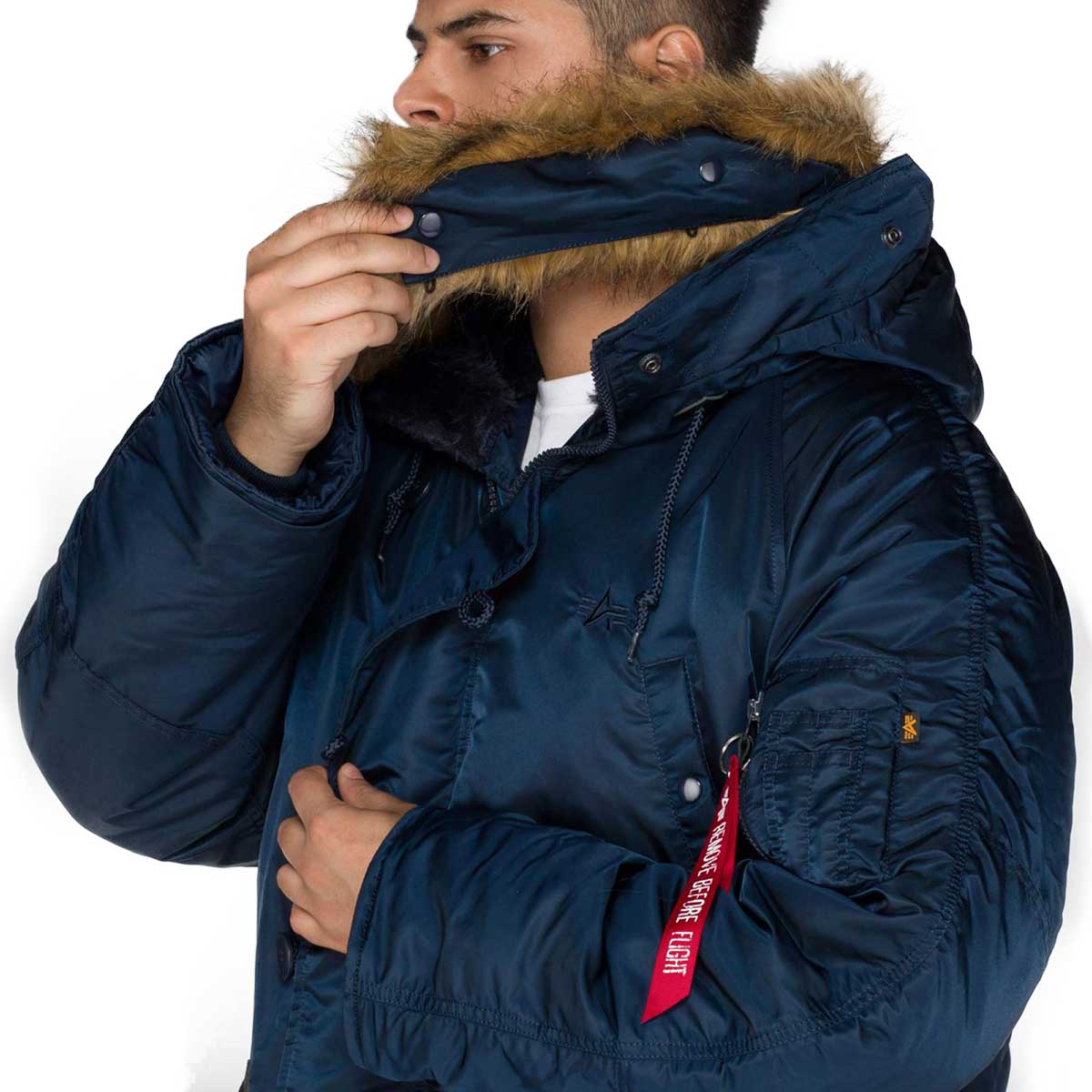 removable faux fur on blue n3b parka