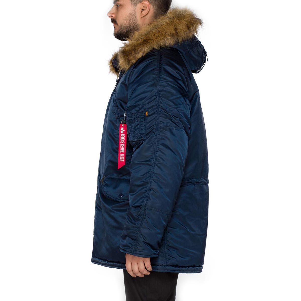 side view of blue alpha n3b parka