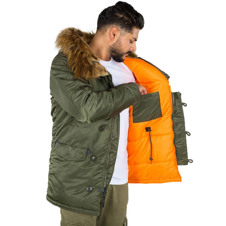 orange lining in alpha n3b parka vf 59 dark green