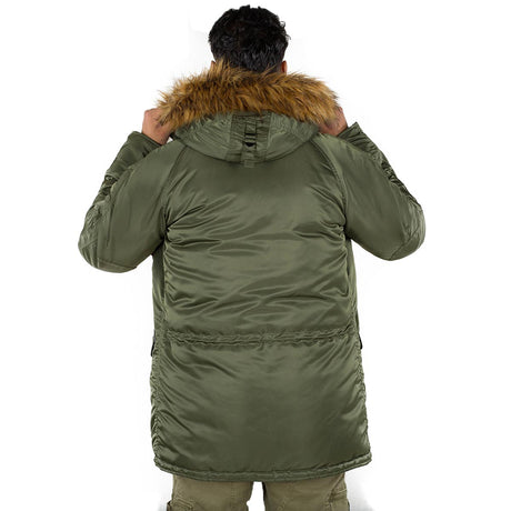 rear view of dark green alpha n3b vf59 parka