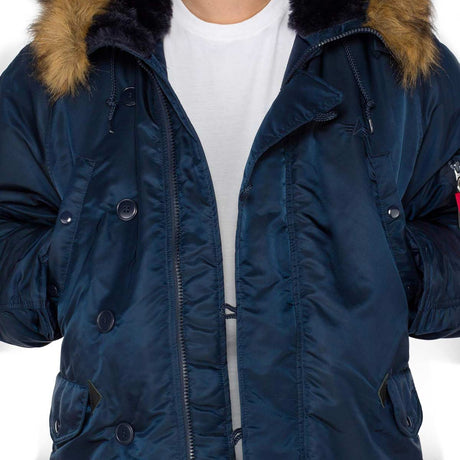 chest pockets of alpha n3b parka rep blue