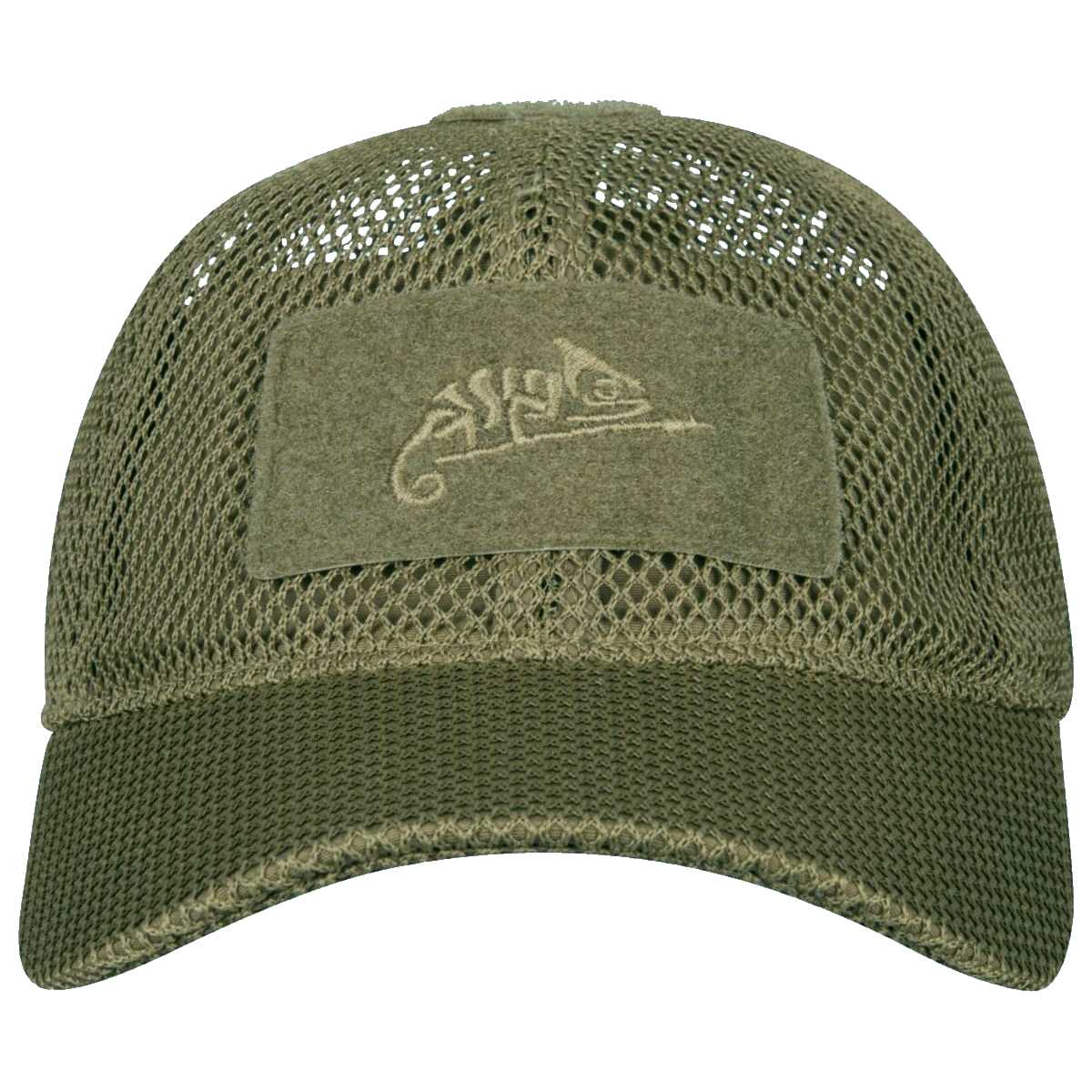 front peak of olive green helikon mesh baseball cap