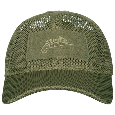 front peak of olive green helikon mesh baseball cap