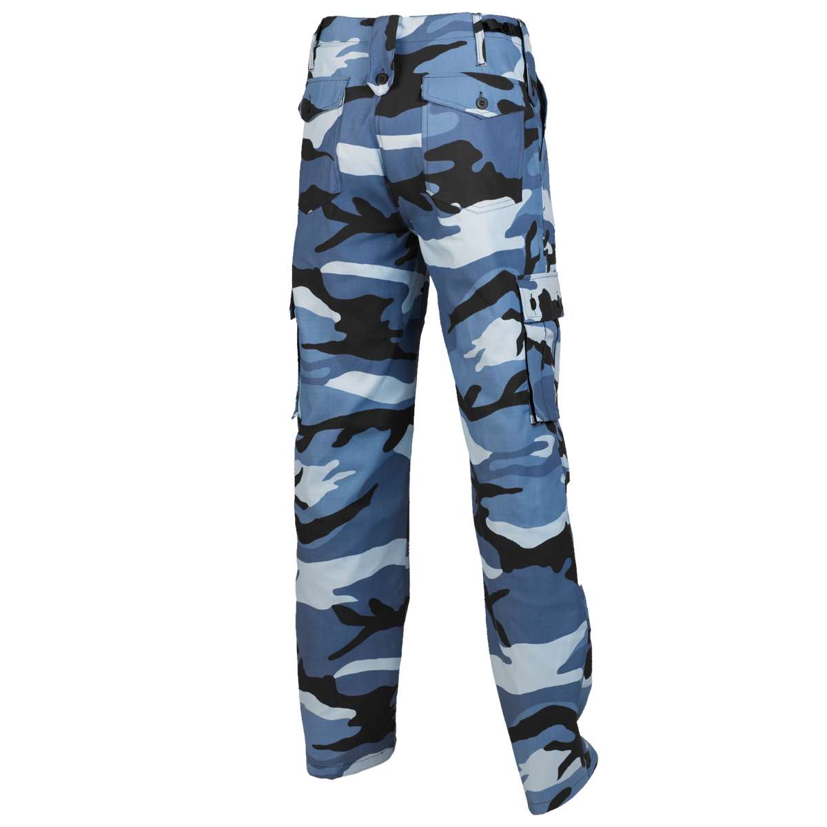 rear of blue camouflage combat trousers