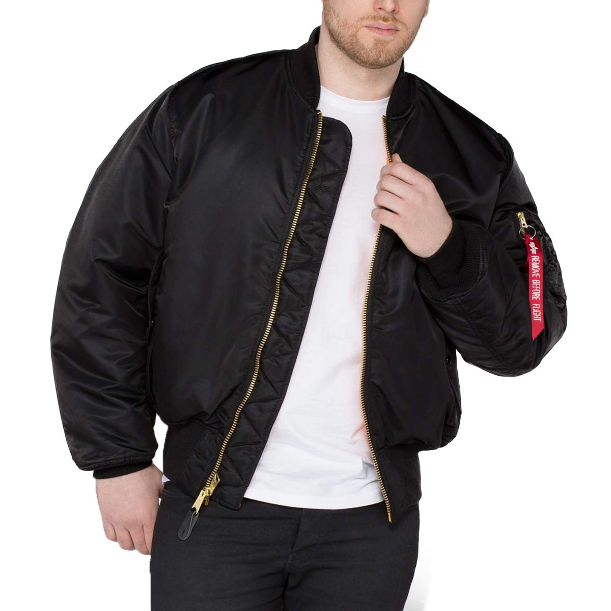 open front of black alpha industries ma1 tt flight jacket