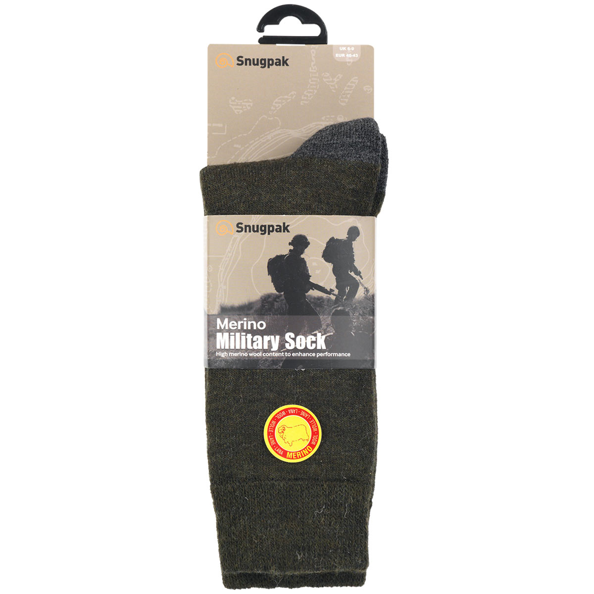 packaging of snugpak olive merino military sock