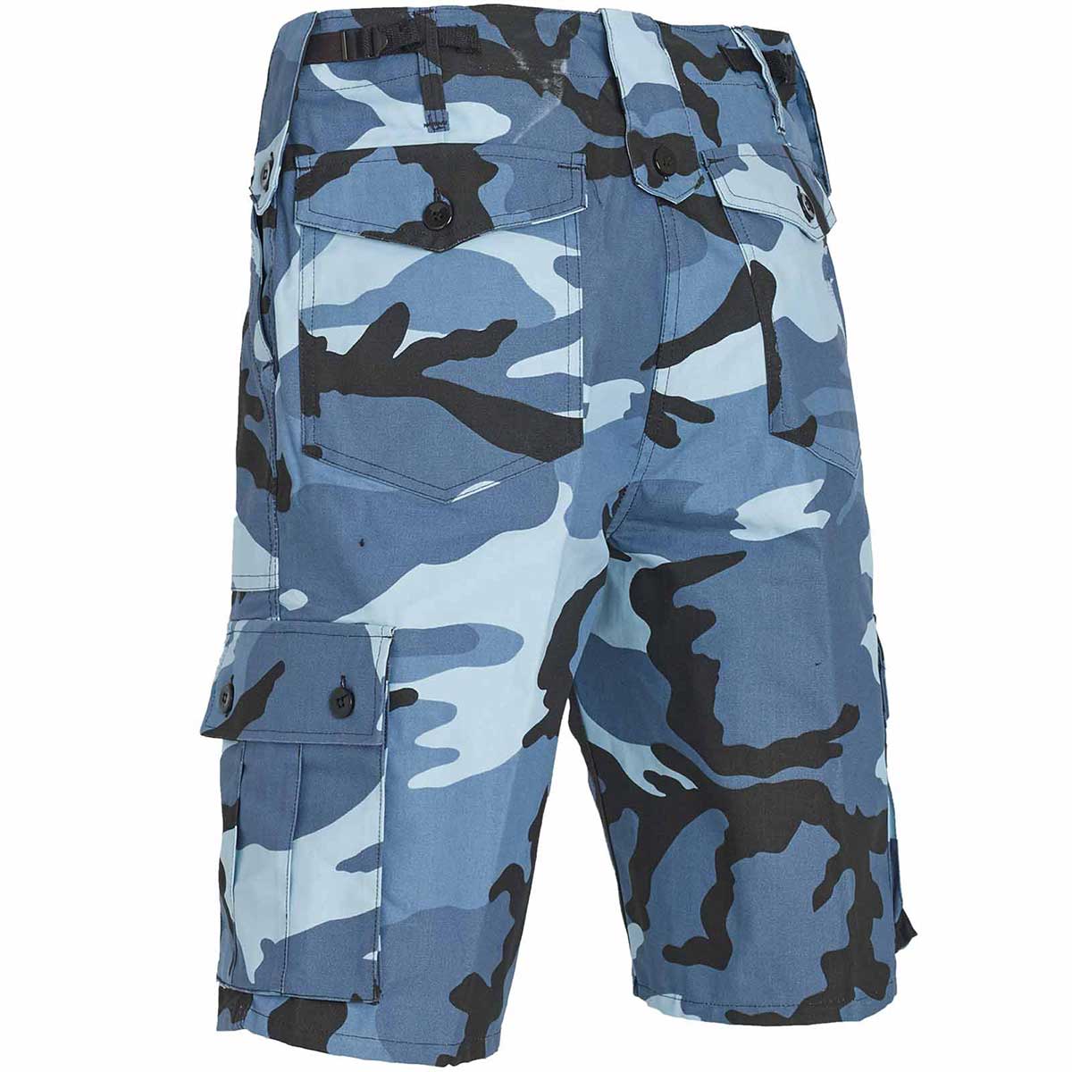 rear of midnight blue camo military combat shorts