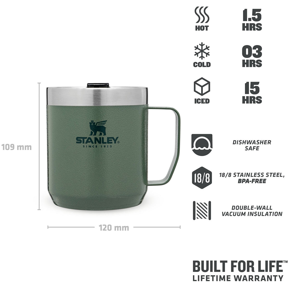 specifications stanley classic legendary camp mug hammertone green 350ml