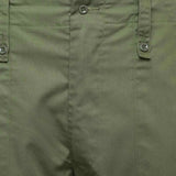 zip and button closure of british army lightweight olive green trousers