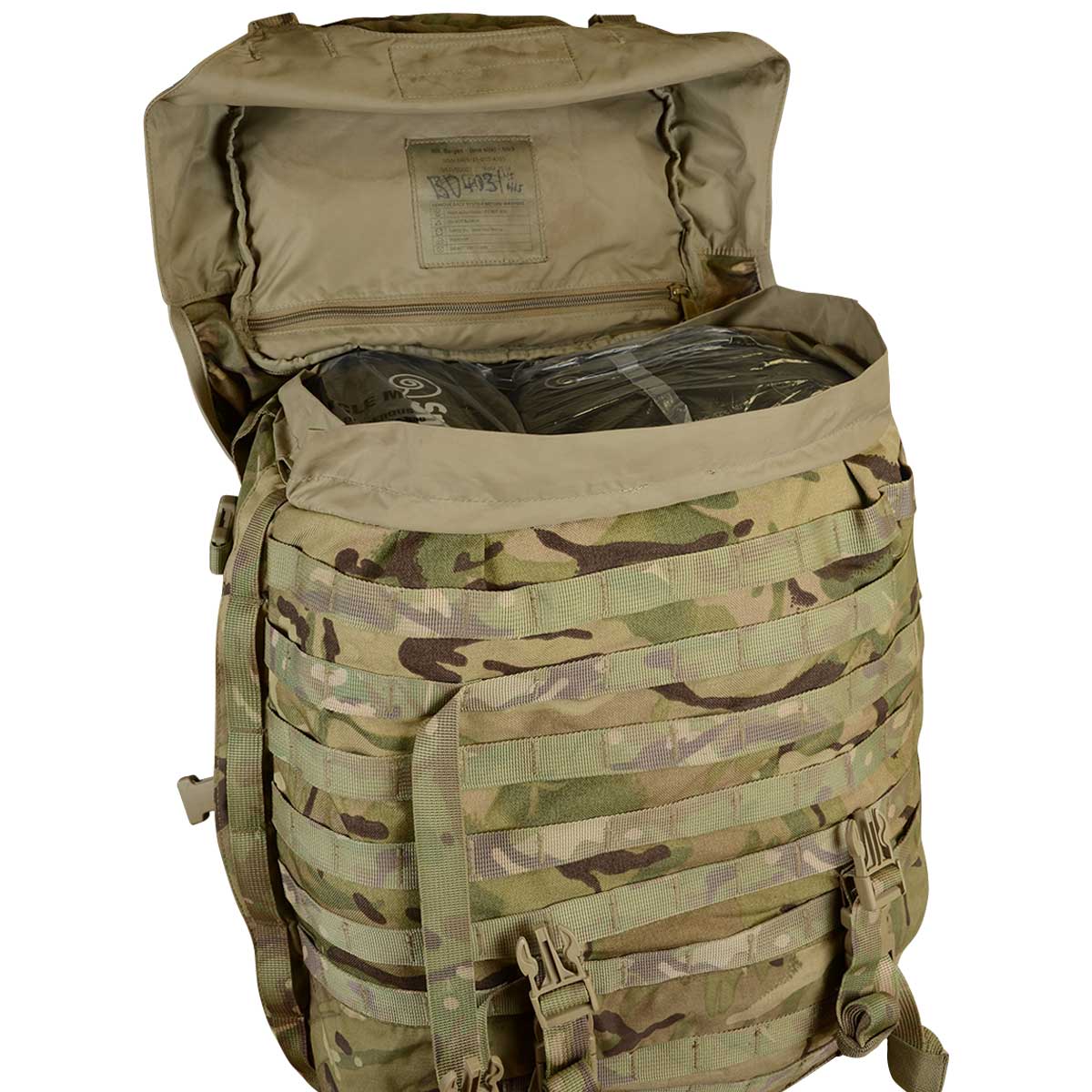 90l mtp camo british army virtus mk3 bergen with open lid