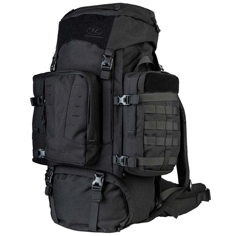 angled front view molle highlander pinnacle rucksack 70l black