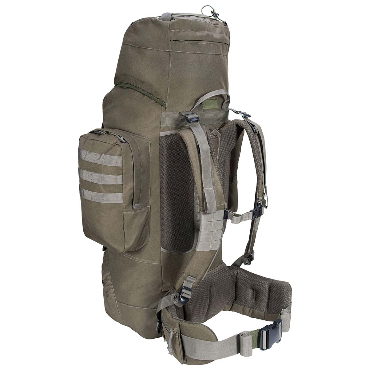 angled rear view of highlander forces elite pack 88l ranger green