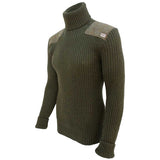 angled view of ghillie roll neck woolly pully sweater with harris tweed patches olive