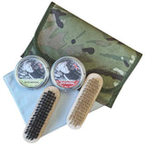 brown boot polishing kit with camouflage pouch
