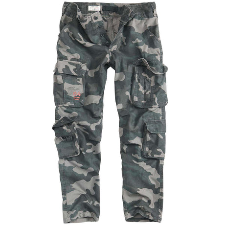 button detail of black camo surplus airborne slimmy trousers