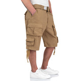 cargo pockets and drawstring on beige surplus division shorts