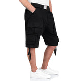 cargo pockets and drawstring on black surplus division shorts