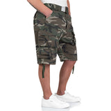 cargo pockets and drawstring on woodland camo surplus division shorts