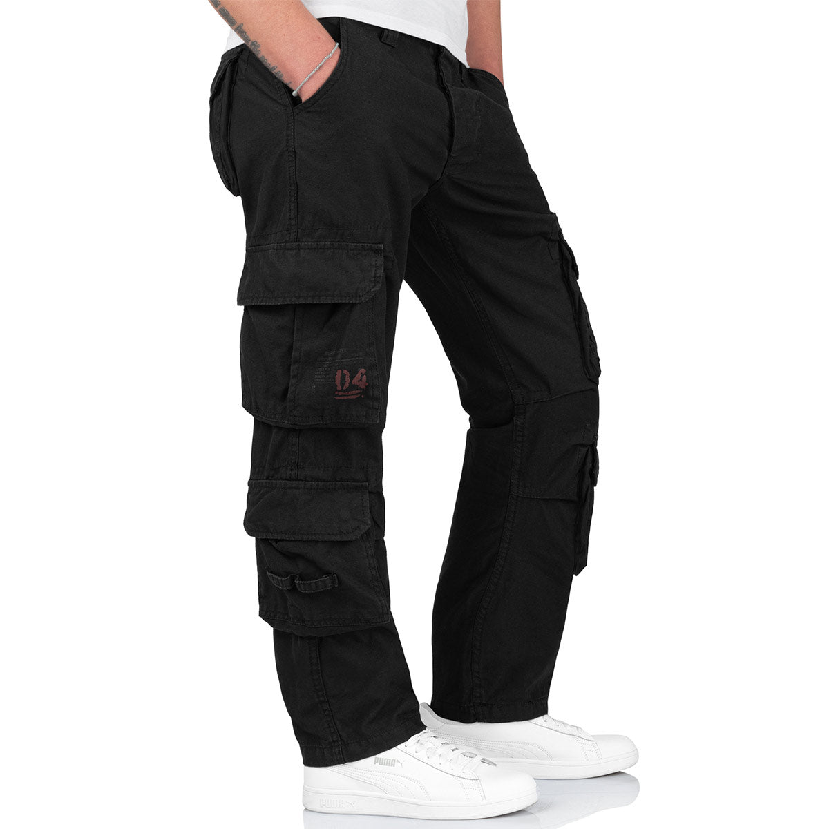 cargo pockets of black surplus airborne vintage slimmy trousers