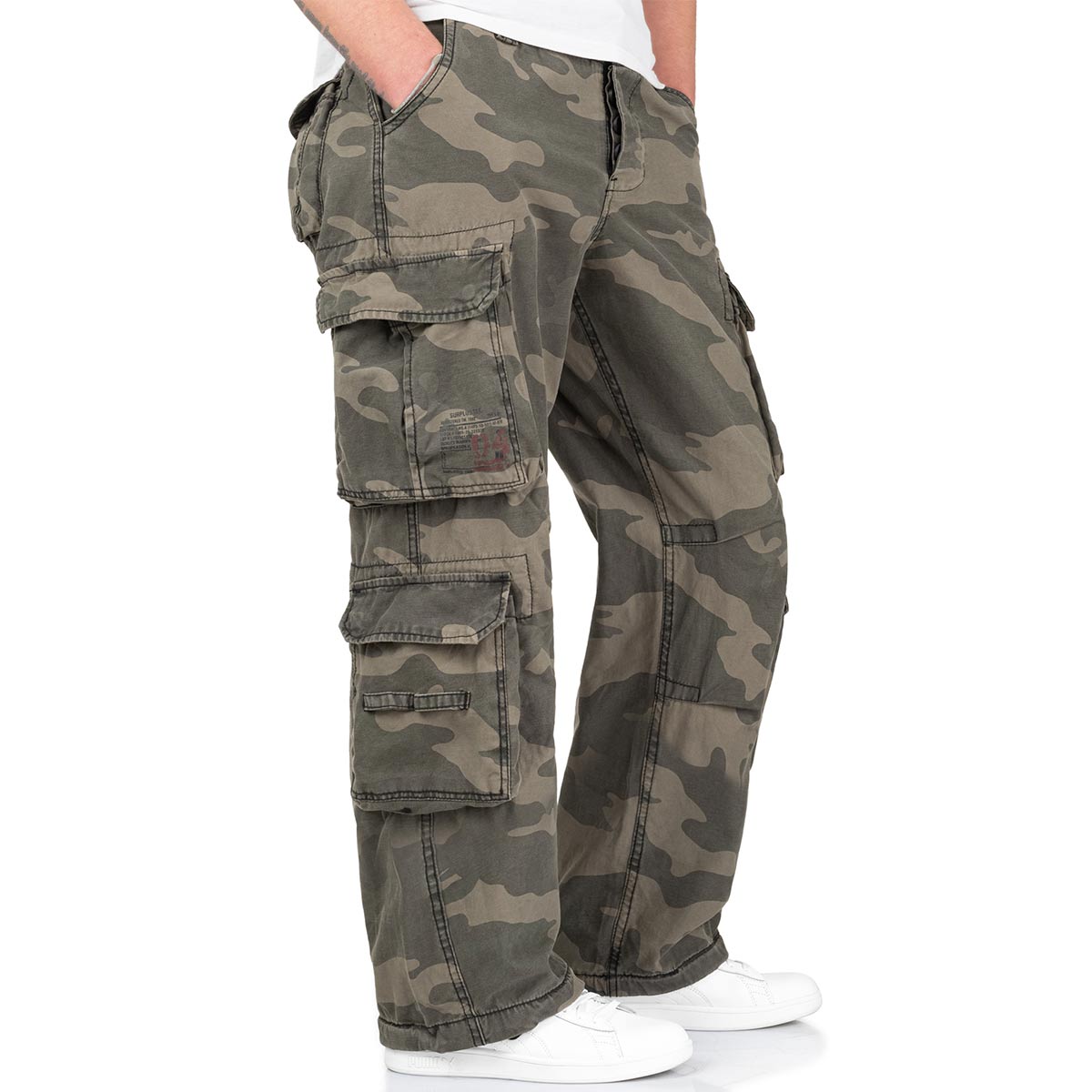 cargo pockets on black camo surplus airborne vintage trousers