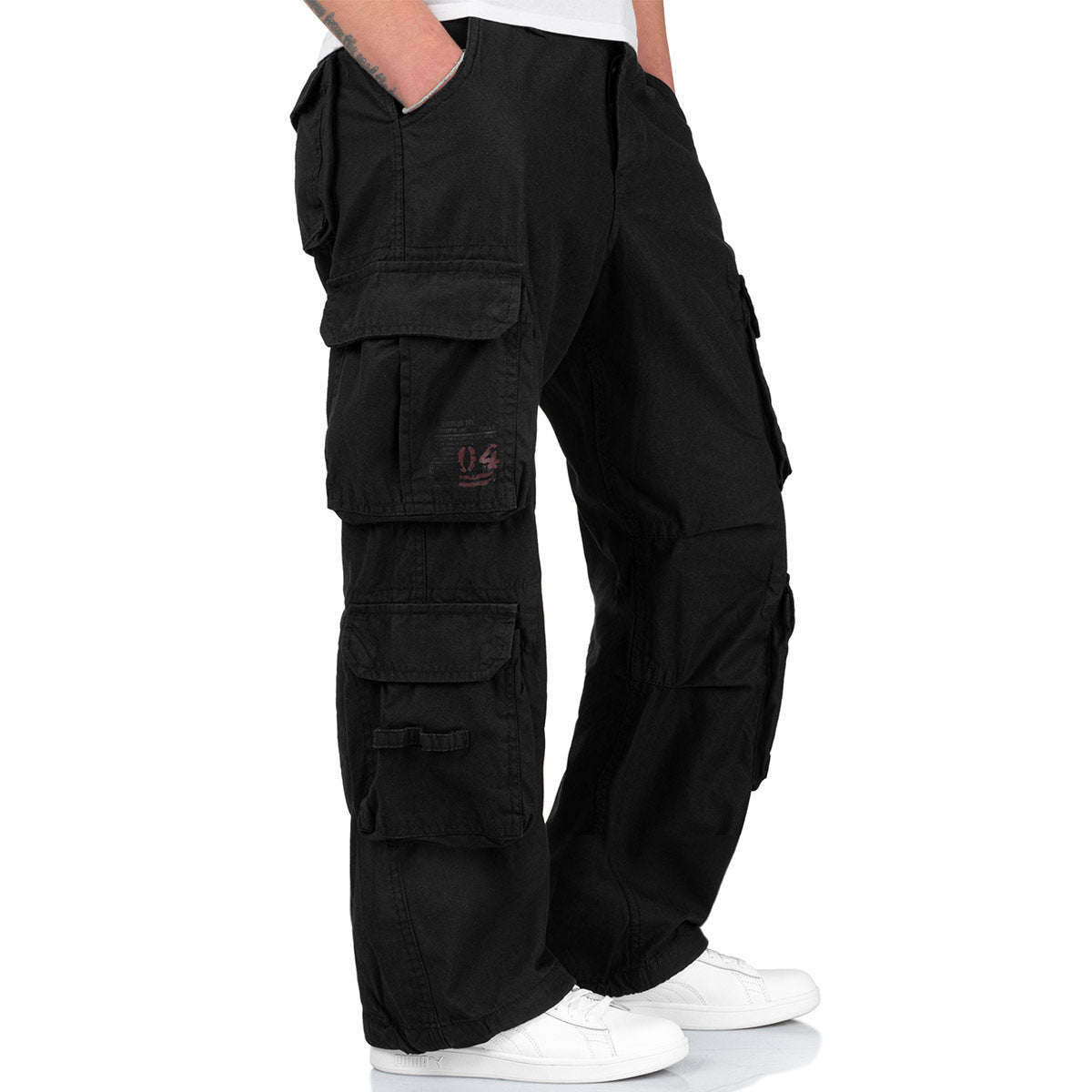 cargo pockets on black surplus airborne vintage trousers