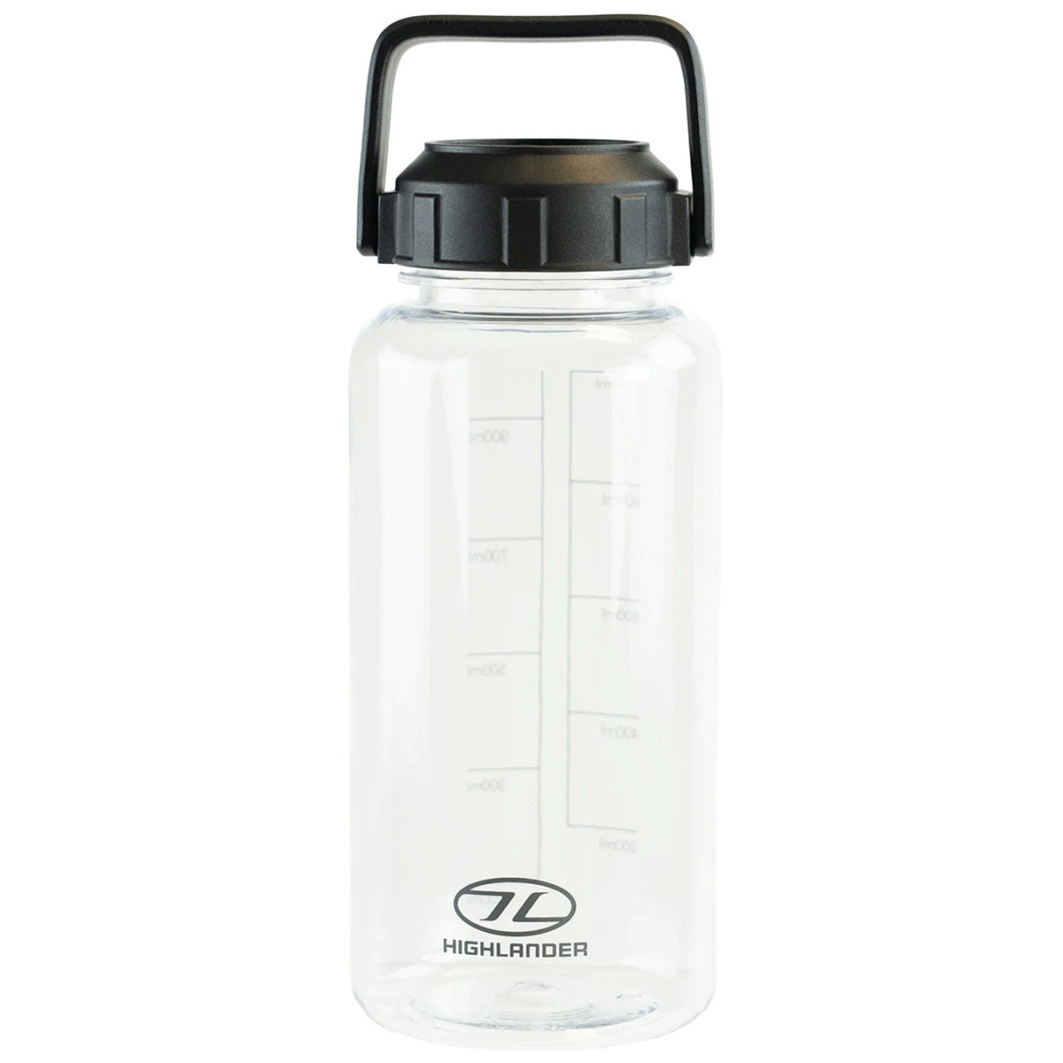 close up of highlander logo on the charcoal njord tritan bottle
