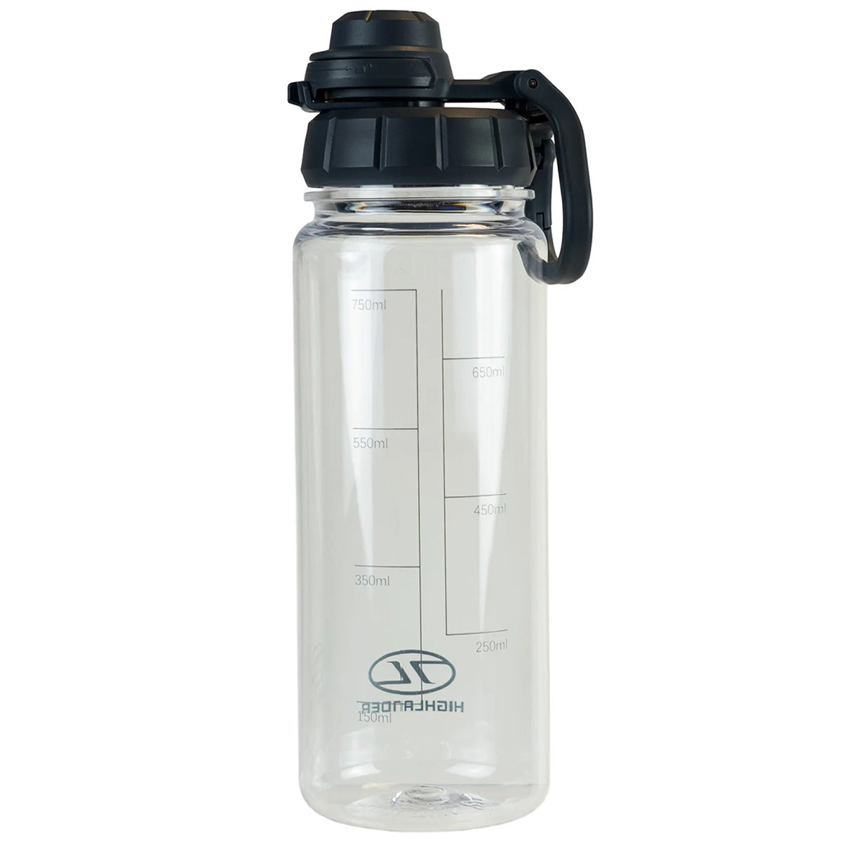 close up of the logo on the highlander laguz 750ml water bottle charcoal 