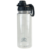 close up of the logo on the highlander laguz 750ml water bottle charcoal 