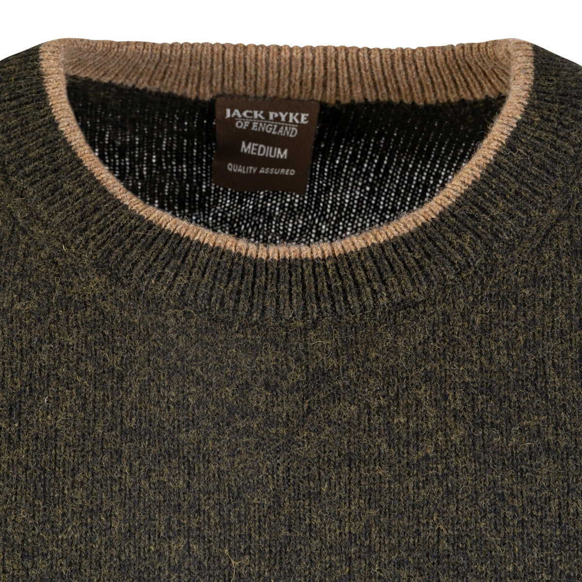 contrast neck jack pyke ashcombe crewknit pullover lambswool dark olive