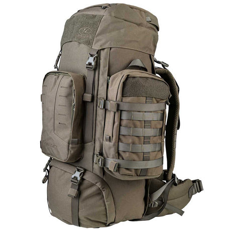 detachable side pocket pouches on the 70l ranger green highlander pinnacle rucksack 