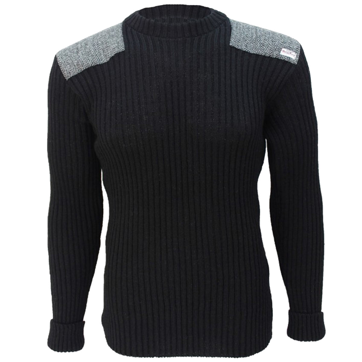 forrester crew neck woolly pully sweater with harris tweed patches black