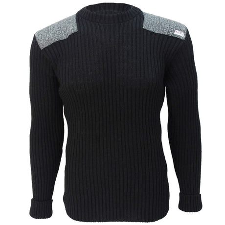 forrester crew neck woolly pully sweater with harris tweed patches black
