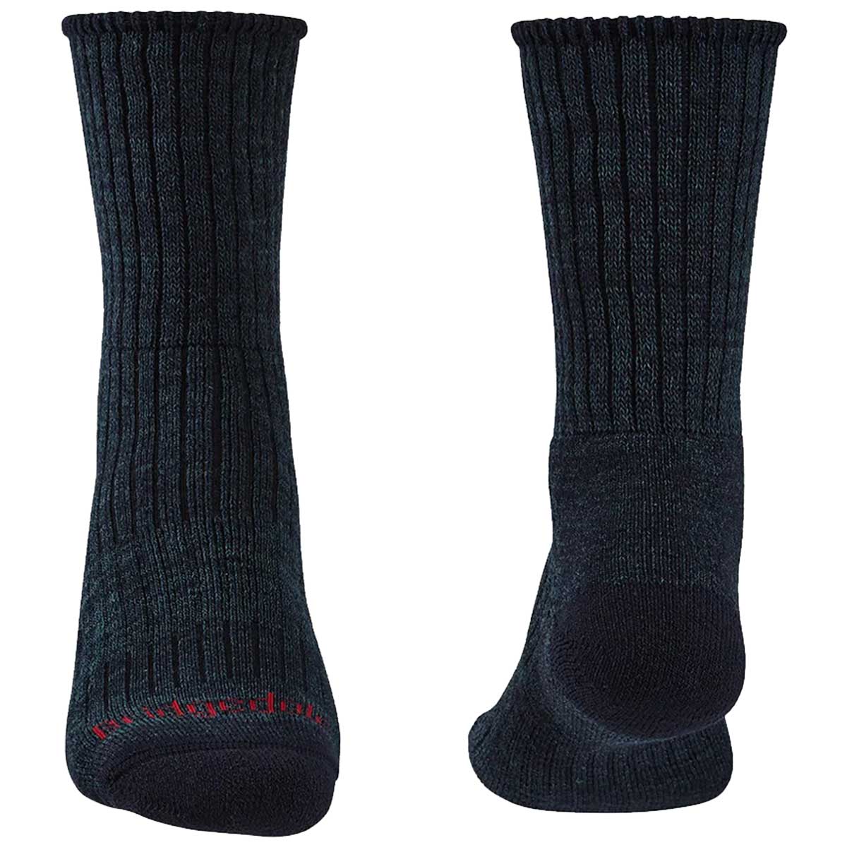 front and rear view of bridgedale mens hike midweight merino comfort boot sock navy