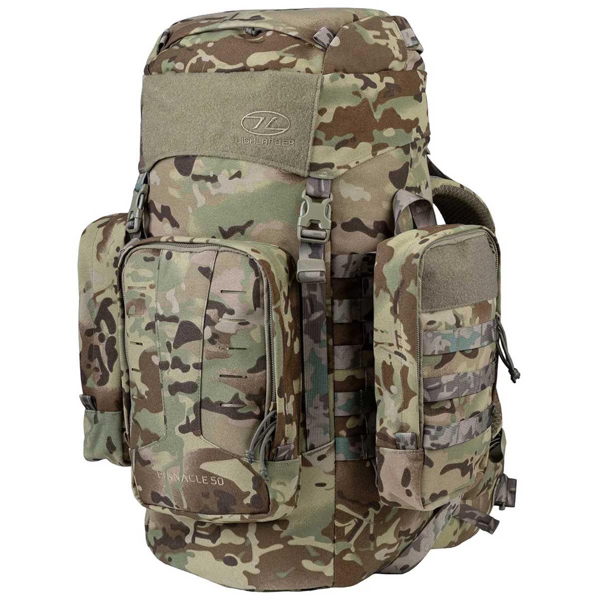 front angle view highlander pinnacle rucksack 50l hmtc camo